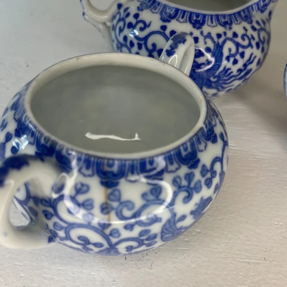 Vintage Blue‎ White Flying Phoenix Porcelain Creamer Sugar Set Japan 3 Piece